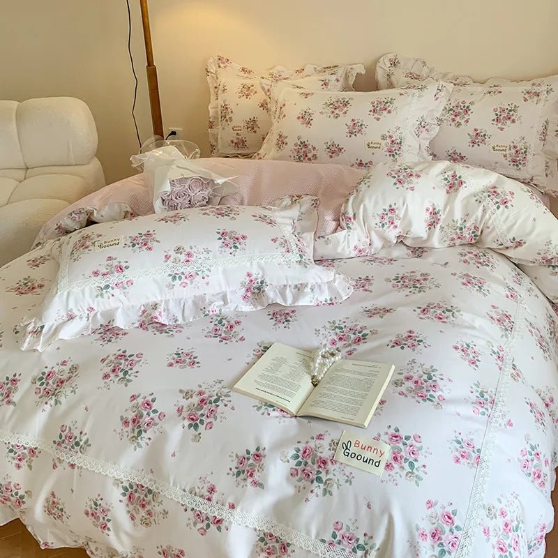 100% Cotton Spring Garden Flowers Botanical Chic Ruffles Soft Comfortable Double Queen (1Duvet Cover+1Bed Sheet+2Pillowcases) - Julia M LifeStyles