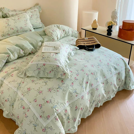 100% Cotton Spring Garden Flowers Botanical Chic Ruffles Soft Comfortable Double Queen (1Duvet Cover+1Bed Sheet+2Pillowcases) - Julia M LifeStyles