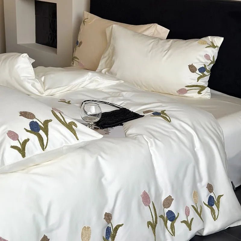 100% Long - Staple Cotton Silky Soft Texture Chic Embroidery Comfortable Queen (1Duvet Cover+1Flat/Fitted Sheet+2Pillowcases) - Julia M LifeStyles