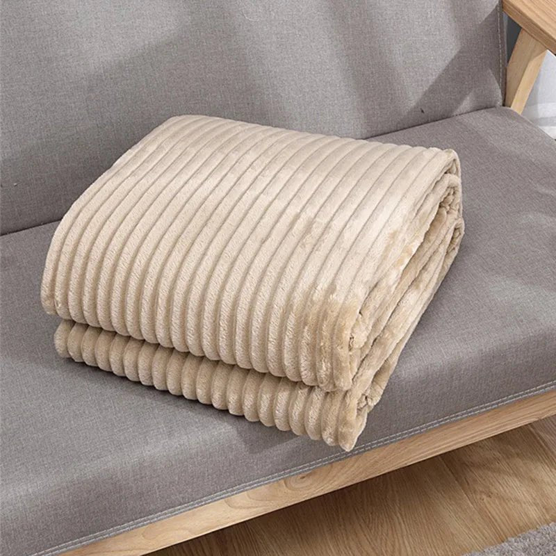 1PC Flannel Throw Rug Blanket Light Luxury Solid Color Rabbit Velvet Blanket Winter Thick Warm Striped Super Warm Blanket - Julia M LifeStyles