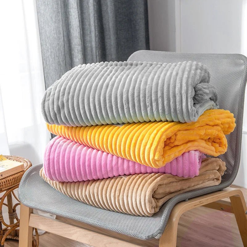 1PC Flannel Throw Rug Blanket Light Luxury Solid Color Rabbit Velvet Blanket Winter Thick Warm Striped Super Warm Blanket - Julia M LifeStyles