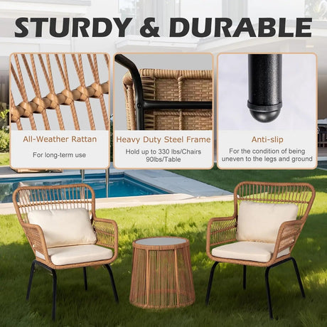 3 Piece Outdoor Wicker Furniture Bistro Set, Rattan Chairs Conversation Sets Porch Furniture - Julia M LifeStyles