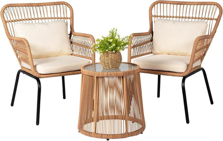 3 Piece Outdoor Wicker Furniture Bistro Set, Rattan Chairs Conversation Sets Porch Furniture - Julia M LifeStyles