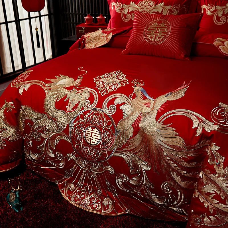 4/8PCS Luxury Dragon Phoenix Embroidered Bedding Set - 100% Cotton Chinese Wedding Red Duvet Cover & Pillowcases - Julia M LifeStyles