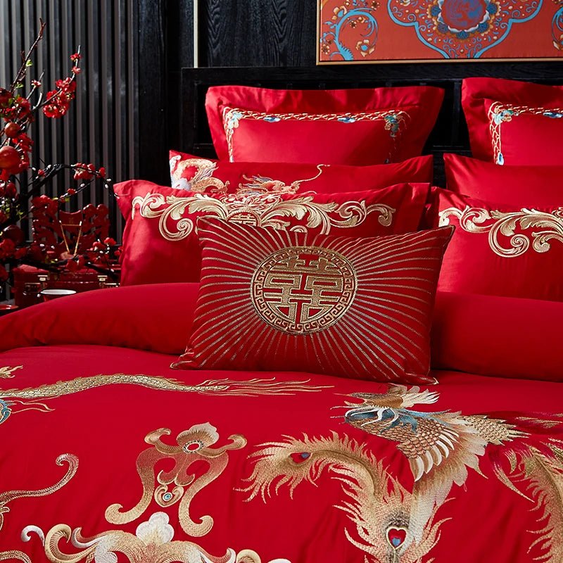 4/8PCS Luxury Dragon Phoenix Embroidered Bedding Set - 100% Cotton Chinese Wedding Red Duvet Cover & Pillowcases - Julia M LifeStyles