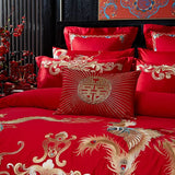 4/8PCS Luxury Dragon Phoenix Embroidered Bedding Set - 100% Cotton Chinese Wedding Red Duvet Cover & Pillowcases - Julia M LifeStyles