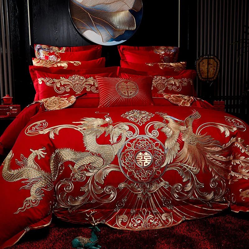 4/8PCS Luxury Dragon Phoenix Embroidered Bedding Set - 100% Cotton Chinese Wedding Red Duvet Cover & Pillowcases - Julia M LifeStyles