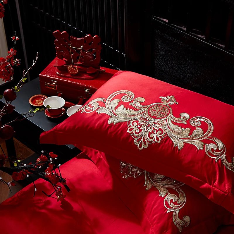 4/8PCS Luxury Dragon Phoenix Embroidered Bedding Set - 100% Cotton Chinese Wedding Red Duvet Cover & Pillowcases - Julia M LifeStyles