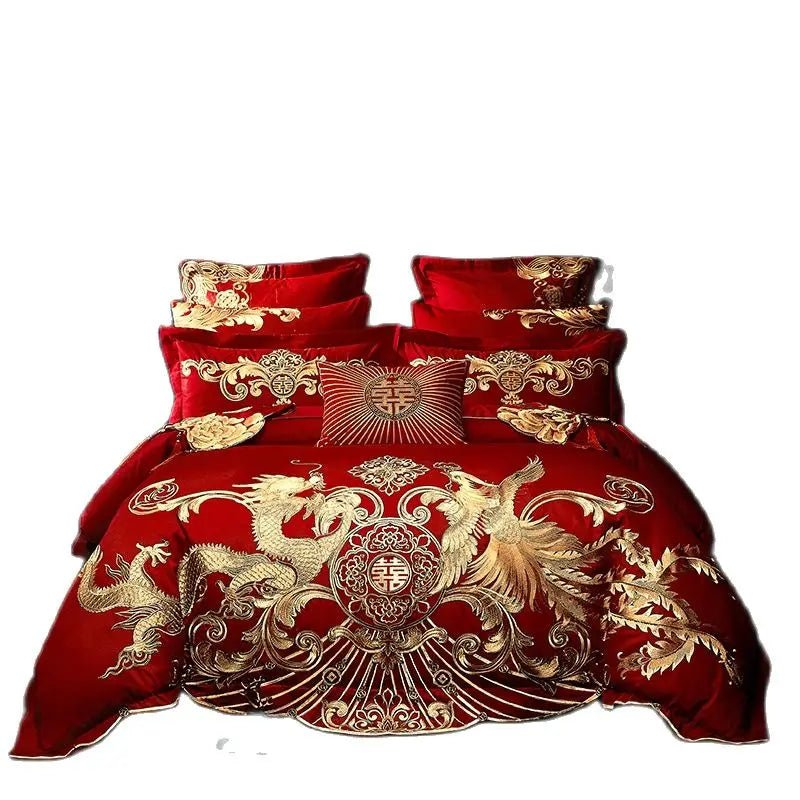 4/8PCS Luxury Dragon Phoenix Embroidered Bedding Set - 100% Cotton Chinese Wedding Red Duvet Cover & Pillowcases - Julia M LifeStyles