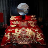 4/8PCS Luxury Dragon Phoenix Embroidered Bedding Set - 100% Cotton Chinese Wedding Red Duvet Cover & Pillowcases - Julia M LifeStyles