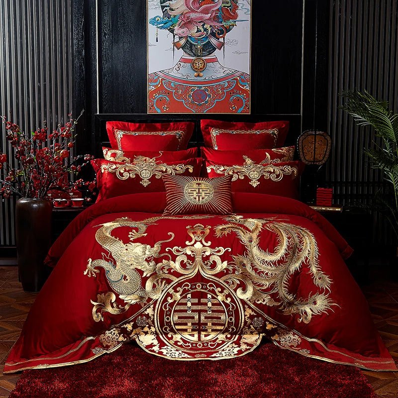 4/8PCS Luxury Dragon Phoenix Embroidered Bedding Set - 100% Cotton Chinese Wedding Red Duvet Cover & Pillowcases - Julia M LifeStyles