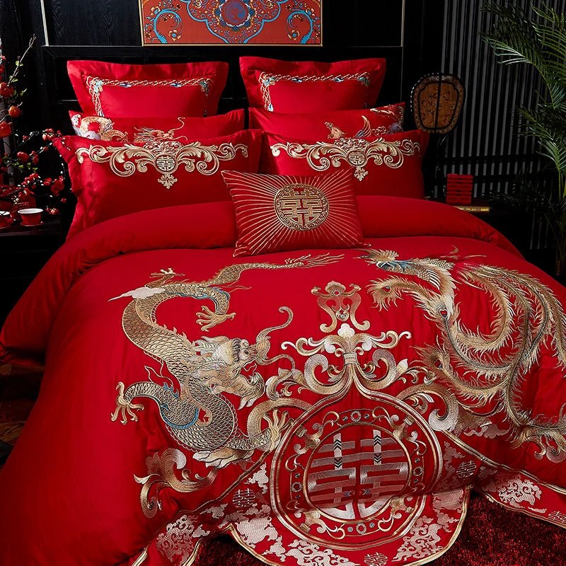 4/8PCS Luxury Dragon Phoenix Embroidered Bedding Set - 100% Cotton Chinese Wedding Red Duvet Cover & Pillowcases - Julia M LifeStyles