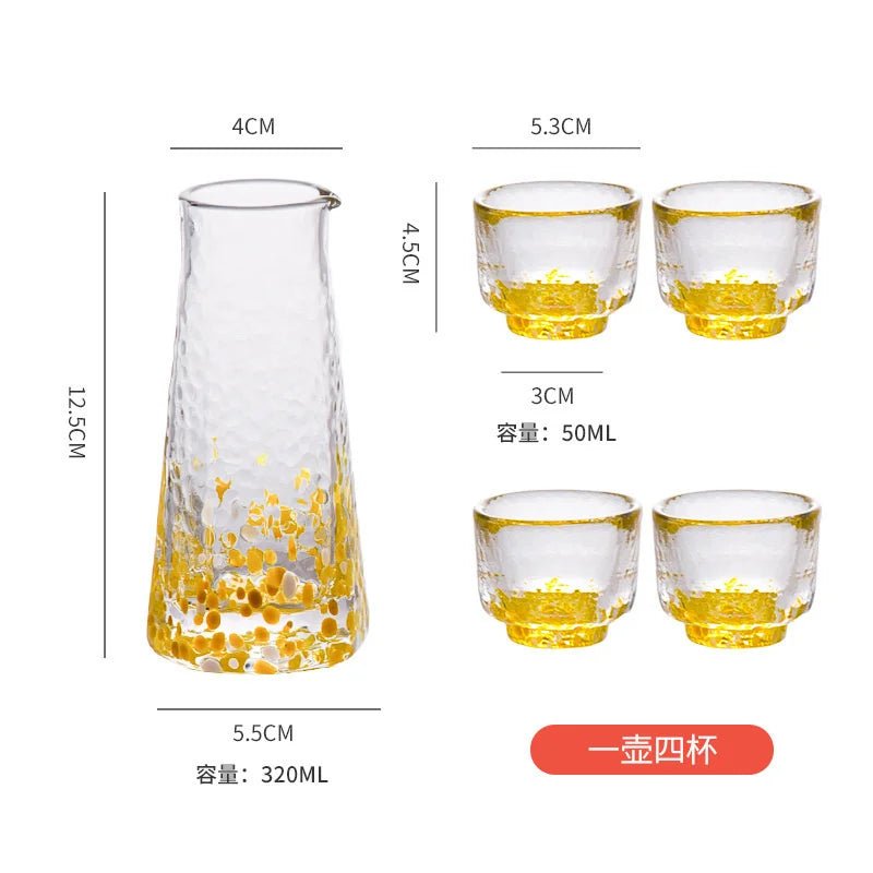 5 Pc Crystal Color Dot Hammer Pattern Sake Set 1 Pcs Sake Bottle And 4 Pcs Sake Cups Japanese Style Wine Decanter Shot Glass Set - Julia M LifeStyles