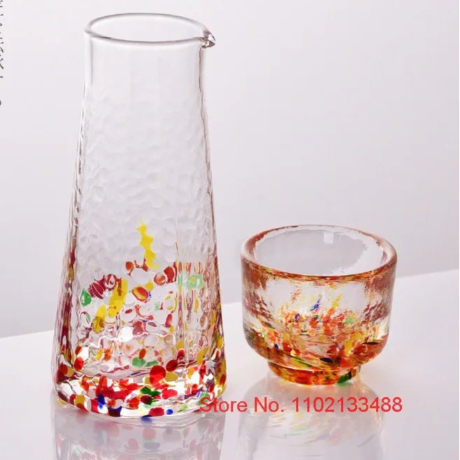 5 Pc Crystal Color Dot Hammer Pattern Sake Set 1 Pcs Sake Bottle And 4 Pcs Sake Cups Japanese Style Wine Decanter Shot Glass Set - Julia M LifeStyles