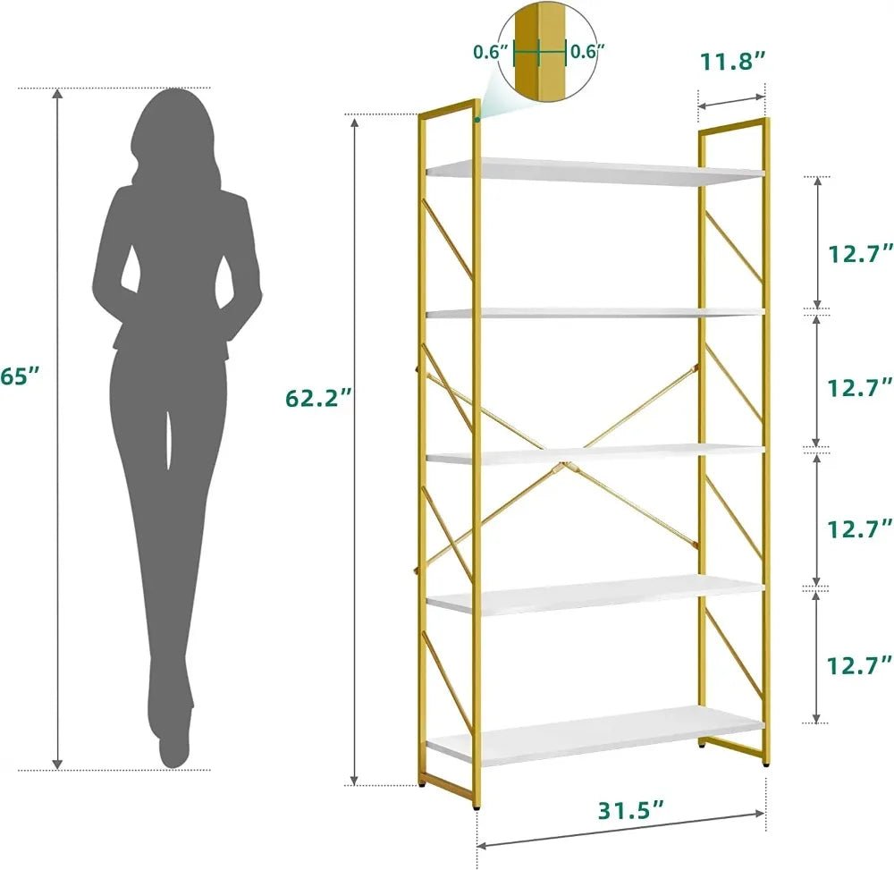 5-Tier Gold Bookshelf: Modern Open Storage 📚 - Julia M LifeStyles