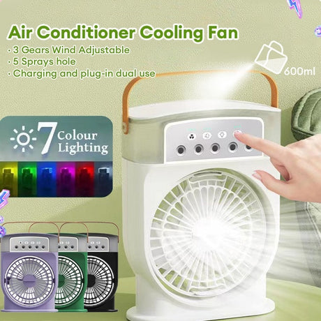 Portable USB Air Conditioner Cooling Fan with 5 Sprays & 7 Colour Light cooling mist fan Julia M LifeStyles   