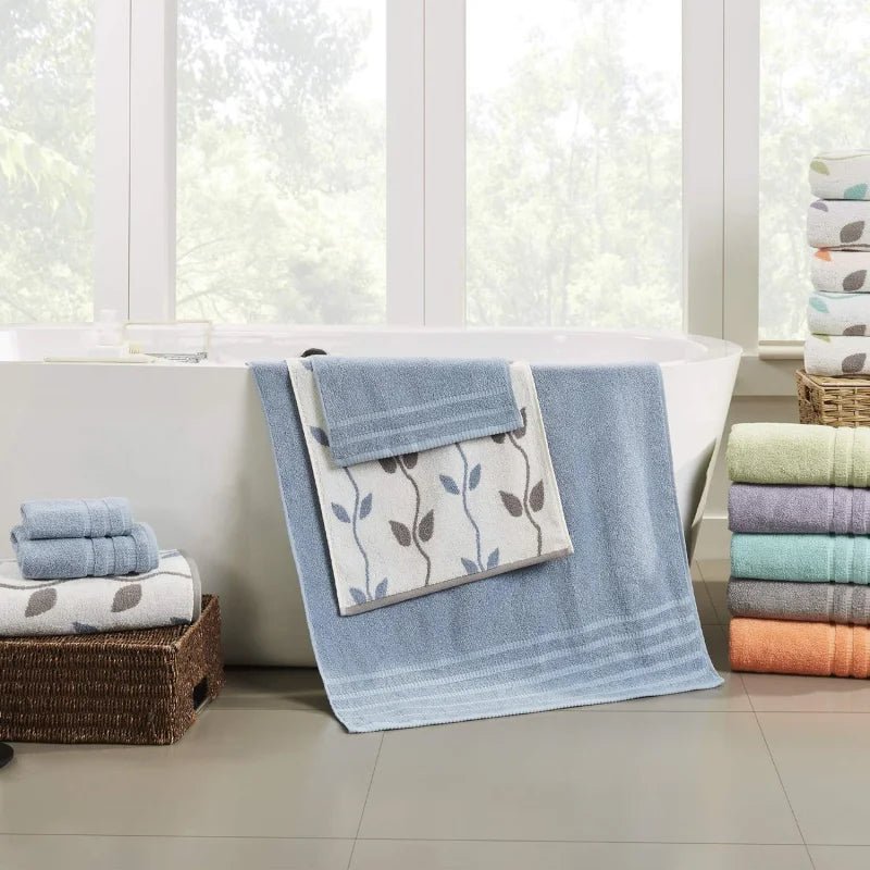 6 - Piece Yarn Dyed Organic Vines Jacquard/Solid Ultra Soft 500GSM 100% Combed Cotton Towel Set [Blue] - Julia M LifeStyles