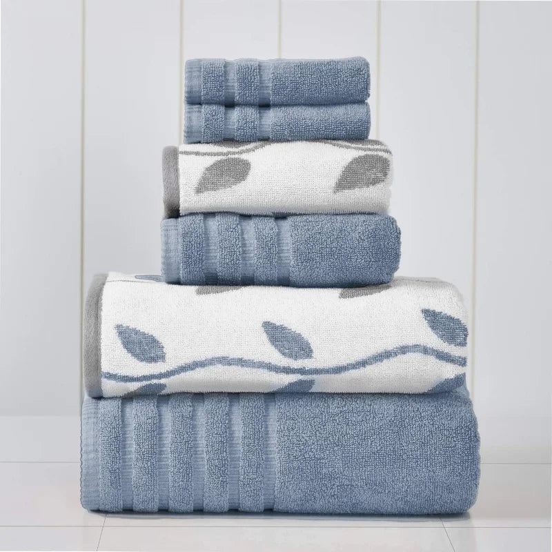 Ultra Soft 6-Piece Organic Cotton Towel Set - Blue Jacquard/Solid - Julia M LifeStyles