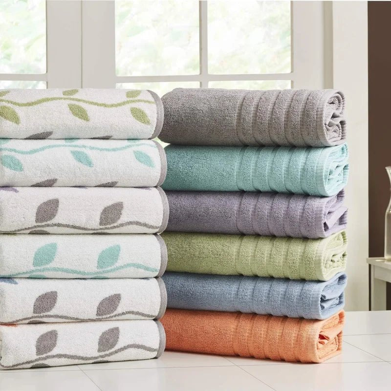 6 - Piece Yarn Dyed Organic Vines Jacquard/Solid Ultra Soft 500GSM 100% Combed Cotton Towel Set [Blue] - Julia M LifeStyles