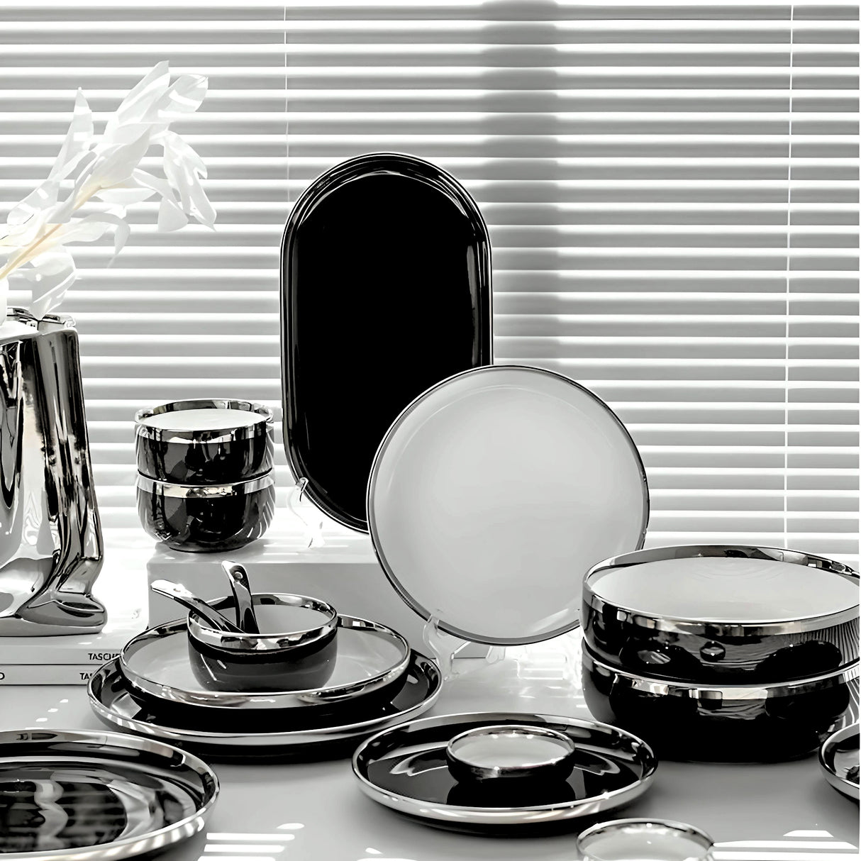 Black Silver Edge Tableware Set - Elegance and Sophistication Dinnerware Sets Julia M Home & Kitchen   