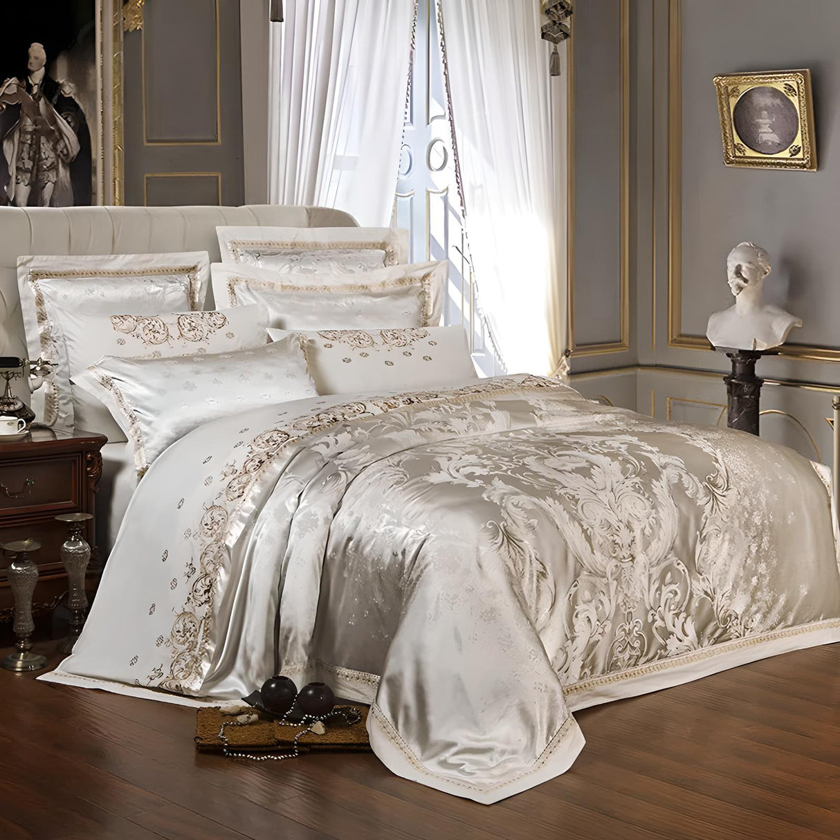 Regal Silk Elegance Jacquard Bedding Set 2 Duvet covers Julia M Home & Kitchen Color 1 Fitted sheet style Queen 4Pcs