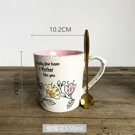 Vintage Floral Hand-Painted Ceramic Cup with Spoon - 401-500mL Capacity - Julia M LifeStyles