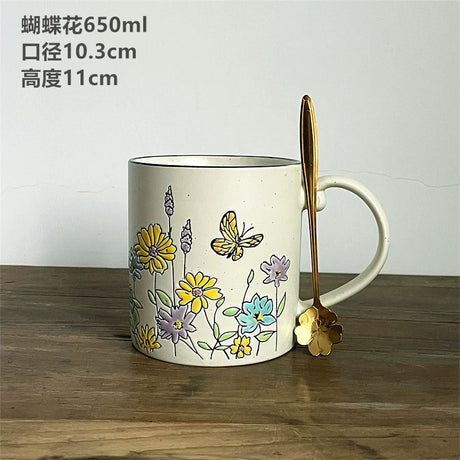 Vintage Floral Hand-Painted Ceramic Cup with Spoon - 401-500mL Capacity