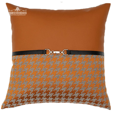 American Modern Light Luxury Retro Houndstooth Leather Patchwork Sofa Model Room Designer Pillow Cushion with Pillow Core - Julia M LifeStyles