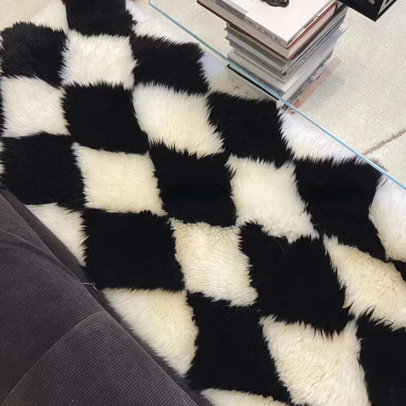 Retro Checkerboard Fluffy Fur Rug throw blanket fluffy rug Julia M Home & Kitchen   