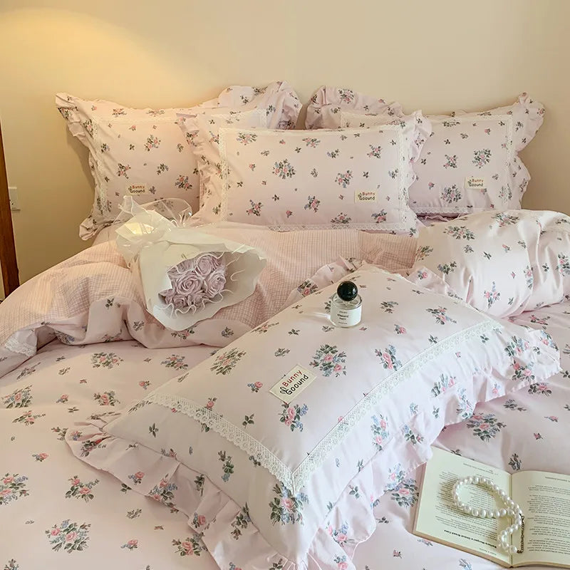 100% Cotton Spring Garden Flowers Botanical Chic Ruffles Soft Comfortable Double Queen (1Duvet Cover+1Bed Sheet+2Pillowcases) - Julia M LifeStyles