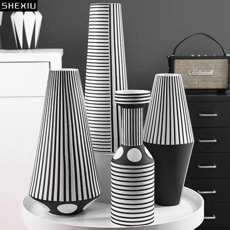 Striped Monochrome Ceramic Flower Vase ceramic vases Julia M Home & Kitchen   