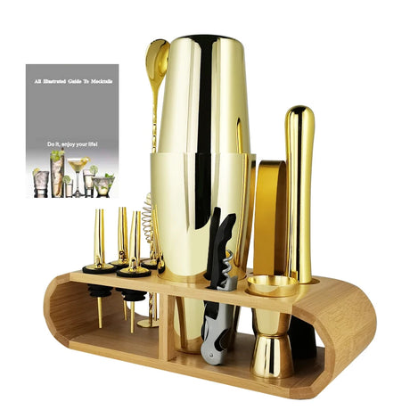 Gold Boston Cocktail Shaker Set with Bamboo Stand cocktail bar accessories Julia M Home & Kitchen   