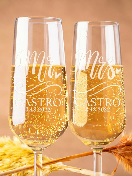 Personalised Mr. And Mrs. Wedding Toasting Flutes Set 🥂 Wedding Toasting Flutes Julia M Home & Kitchen Design 1 rose gold text 
