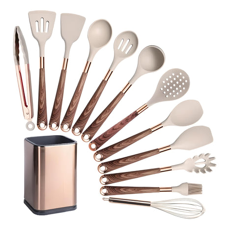 Silicone Kitchen Utensils Set - Heat Resistant, Non-stick, Rose Gold Plated Handles kitchen tools & utensils Julia M Home & Kitchen K012-1  