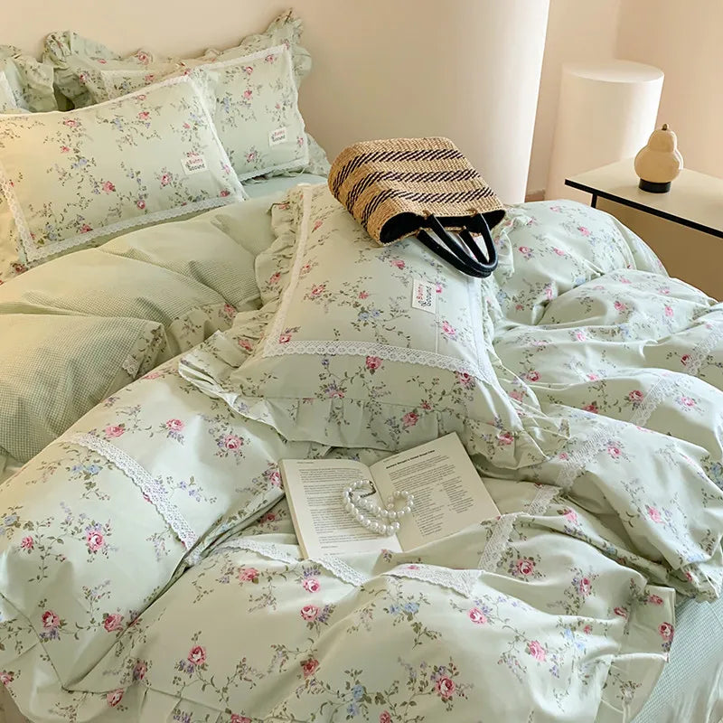 100% Cotton Spring Garden Flowers Botanical Chic Ruffles Soft Comfortable Double Queen (1Duvet Cover+1Bed Sheet+2Pillowcases) - Julia M LifeStyles