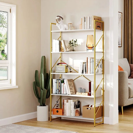 5-Tier Gold Bookshelf: Modern Open Storage 📚 bookshelf bookcase Julia M LifeStyles United States  