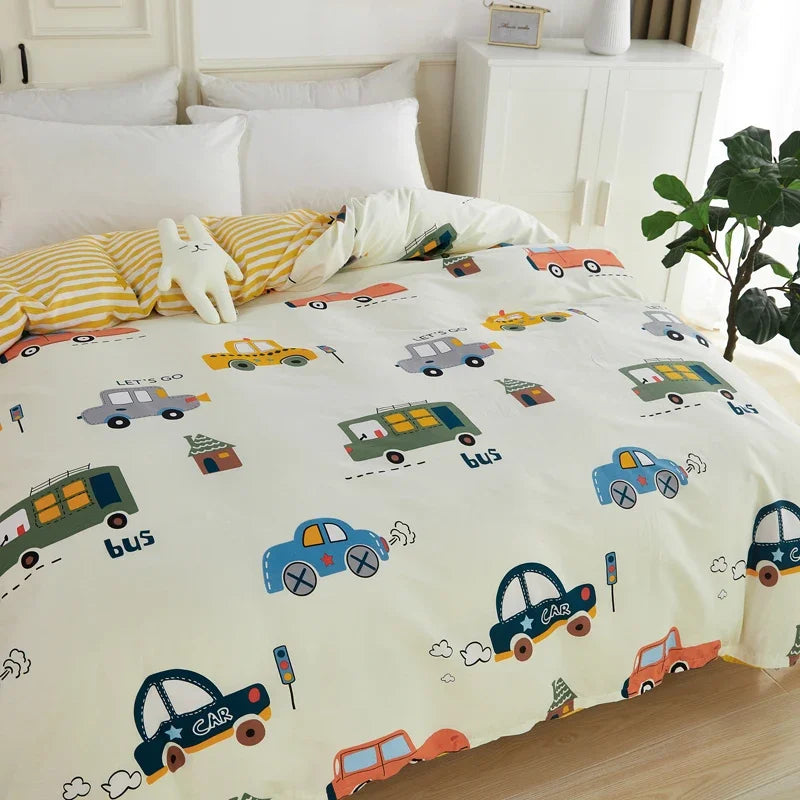 Cartoon Cars Duvet Cover Queen Size 100% Cotton Reversible Bedding for Kids Teens Boys, Car Bus Yellow Striped Comforter Cover - Julia M LifeStyles