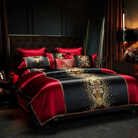 Luxury Black Red Silk Satin & Egyptian Cotton 8Pcs Bedding Set with Embroidery - Julia M LifeStyles