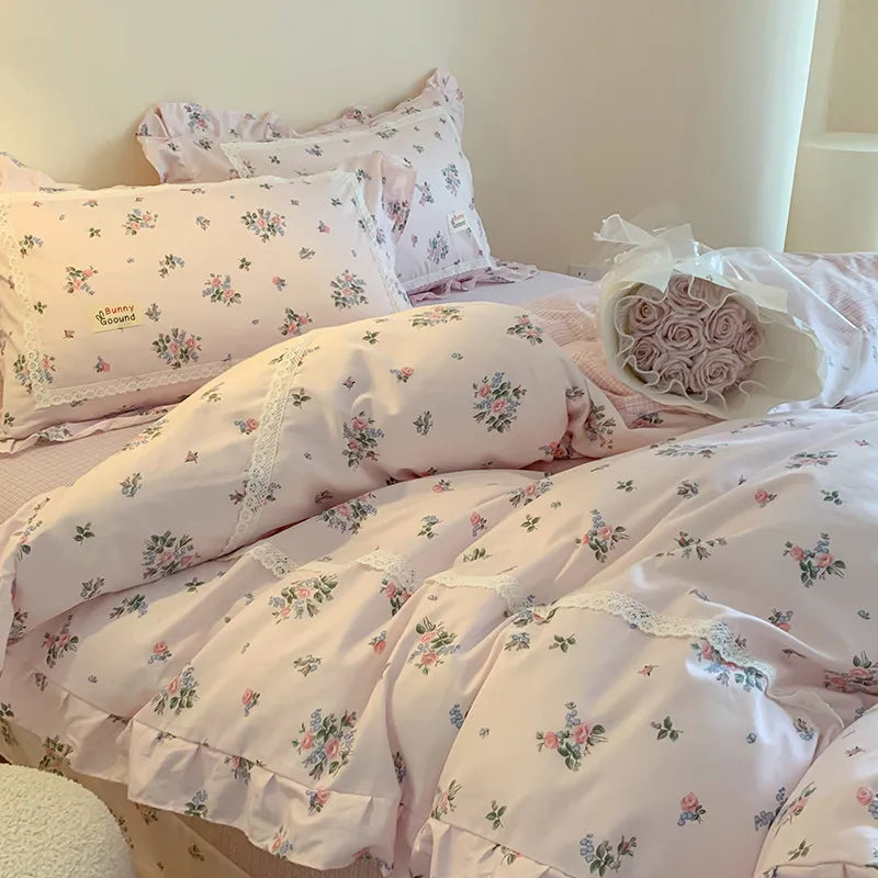 100% Cotton Spring Garden Flowers Botanical Chic Ruffles Soft Comfortable Double Queen (1Duvet Cover+1Bed Sheet+2Pillowcases) - Julia M LifeStyles