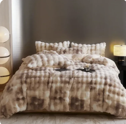 Gradient Blue Grey Faux Rabbit Fur Velvet Bedding Set winter duvet cover set Julia M Home & Kitchen 3 Queen Size 4pcs Flat Bed Sheet