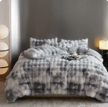 Gradient Blue Grey Faux Rabbit Fur Velvet Bedding Set winter duvet cover set Julia M Home & Kitchen 2 Queen Size 4pcs Flat Bed Sheet