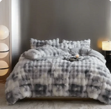 Gradient Blue Grey Faux Rabbit Fur Velvet Bedding Set winter duvet cover set Julia M Home & Kitchen 2 Queen Size 4pcs Flat Bed Sheet