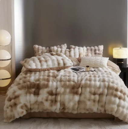 Gradient Blue Grey Faux Rabbit Fur Velvet Bedding Set winter duvet cover set Julia M Home & Kitchen 1 Queen Size 4pcs Flat Bed Sheet