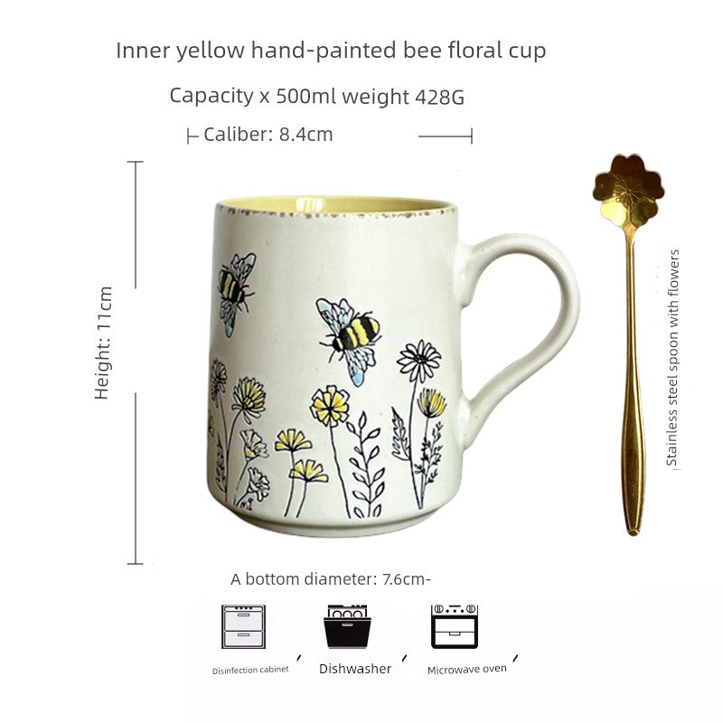 Vintage Floral Hand-Painted Ceramic Cup with Spoon - 401-500mL Capacity