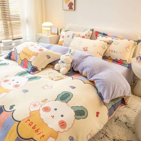 Thickened Winter Milk Velvet Bedding Set Velvet duvet cover Julia M Home & Kitchen Rainbow Rabbit 1.2m flat sheet 