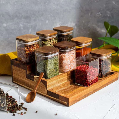 Acacia Wood Cover Glass Seasoning Jars - Julia M LifeStyles