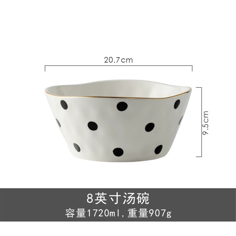 Accessible Luxury Black and White Retro Polka Dot Ceramic Rice Soup Bowl Creative Trending Gold Rim Steak Western Food Rectangular Flat Plate - Julia M LifeStyles