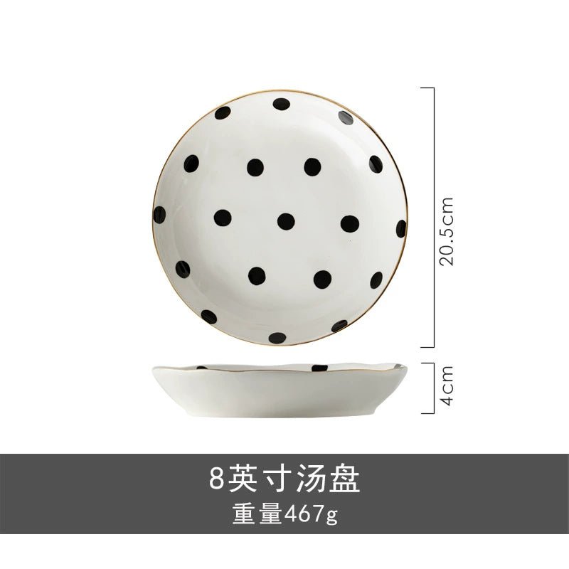 Accessible Luxury Black and White Retro Polka Dot Ceramic Rice Soup Bowl Creative Trending Gold Rim Steak Western Food Rectangular Flat Plate - Julia M LifeStyles