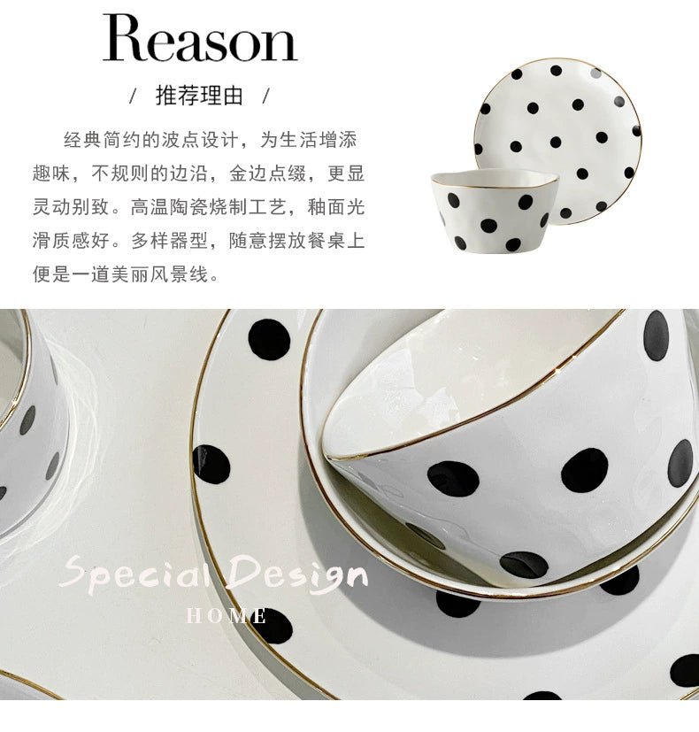 Accessible Luxury Black and White Retro Polka Dot Ceramic Rice Soup Bowl Creative Trending Gold Rim Steak Western Food Rectangular Flat Plate - Julia M LifeStyles