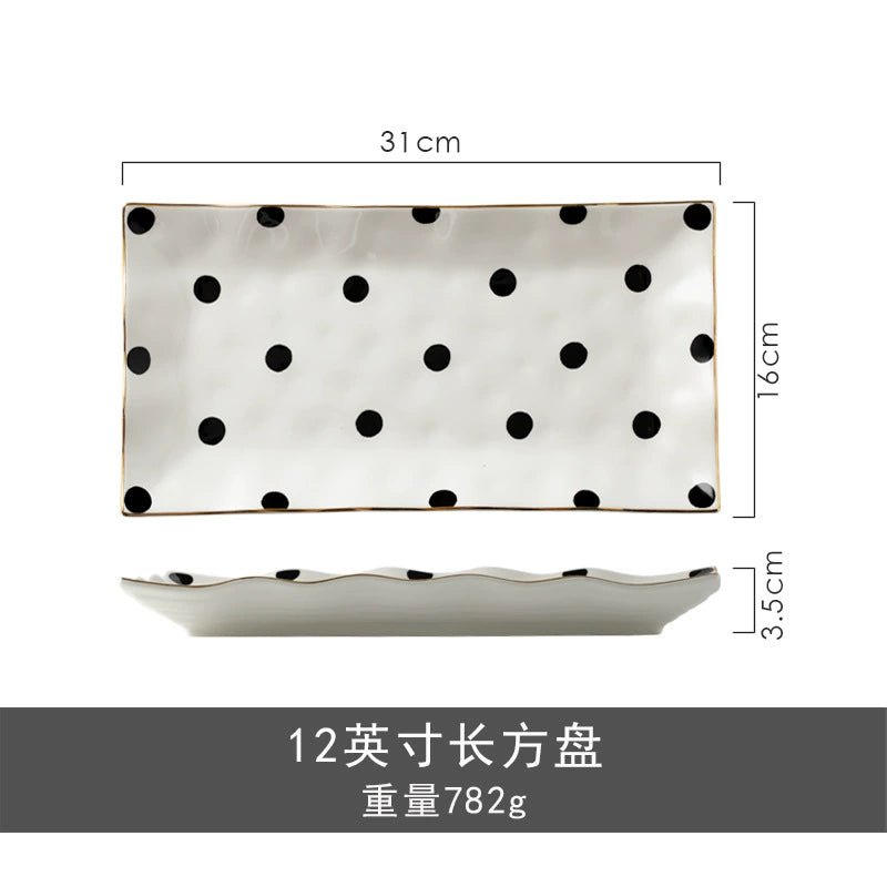 Accessible Luxury Black and White Retro Polka Dot Ceramic Rice Soup Bowl Creative Trending Gold Rim Steak Western Food Rectangular Flat Plate - Julia M LifeStyles